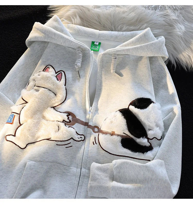 New Plush Embroidery Cartoon Cute Cat Hoodie Y2k Korean Fashion Tops Female Spring Autumn Zipper Jacket Women Cute Sweatshirts