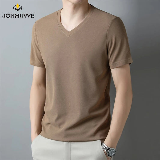 2024 Men's New Waffle V Neck Short Sleeved T-shirt Summer Comfortable Top