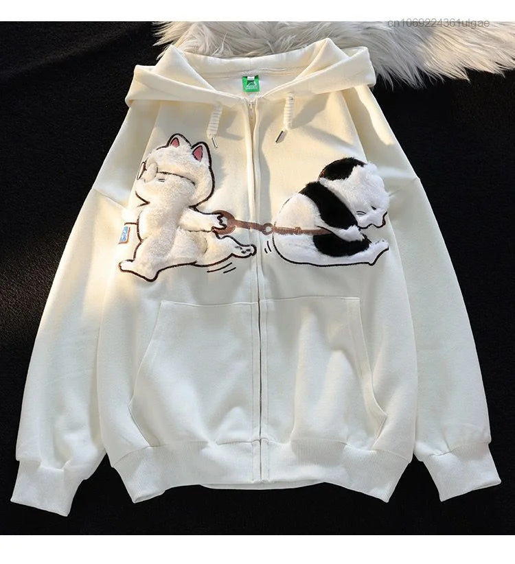 New Plush Embroidery Cartoon Cute Cat Hoodie Y2k Korean Fashion Tops Female Spring Autumn Zipper Jacket Women Cute Sweatshirts