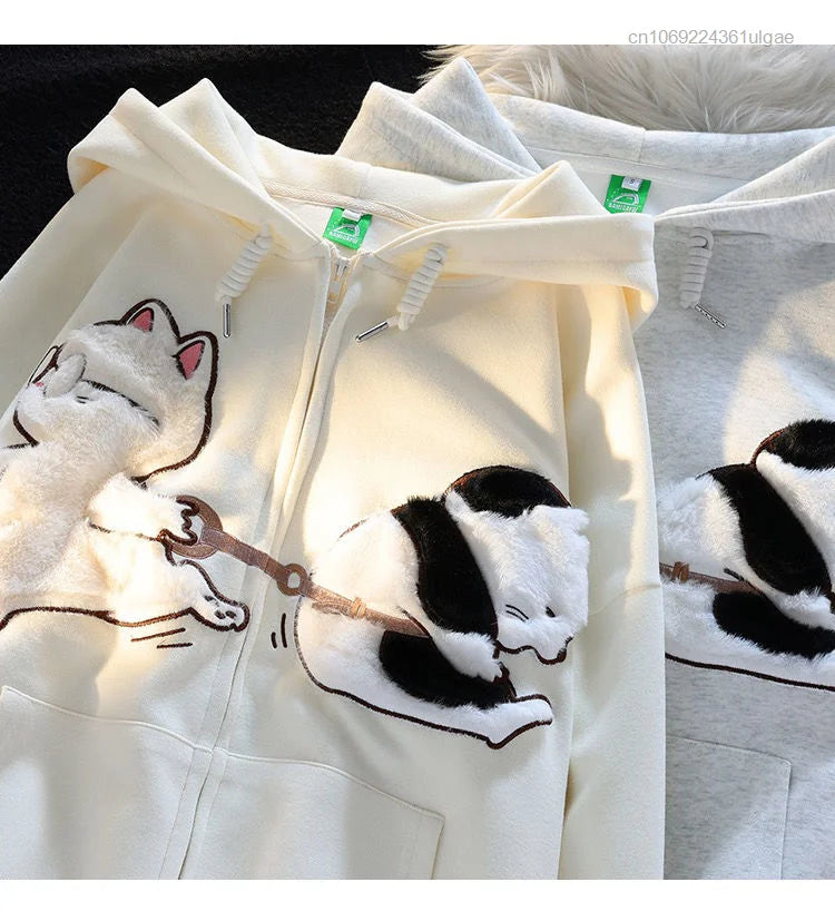 New Plush Embroidery Cartoon Cute Cat Hoodie Y2k Korean Fashion Tops Female Spring Autumn Zipper Jacket Women Cute Sweatshirts