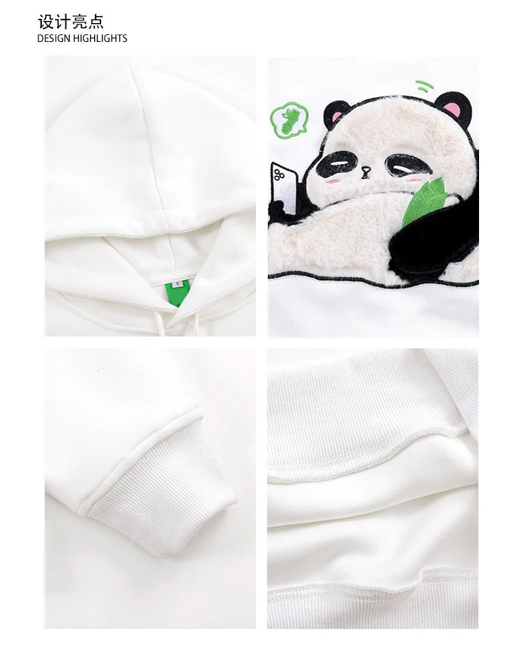 Spring Winter Panda Embroidery Pullover Cute Cartoon Cotton Loose Women Hooded Sweatshirt Couple Clothes Student Coat Hoodie