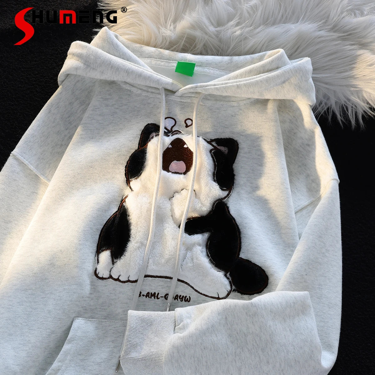 Kawaii Cute Cat Couples Sweatshirt Female 2023 Autumn and Winter Sweet Loose Long Sleeve Cotton Lining Hooded Coat for Women