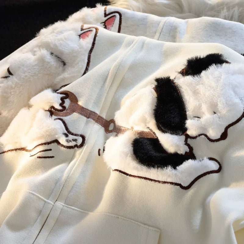 Kawaii Animal Plush Cat Embroidered Sweatshirt Zip Up Hooded Sweater For Men Women Cute Cardigan Hoodie Yk2 Harajuku Jacket Top