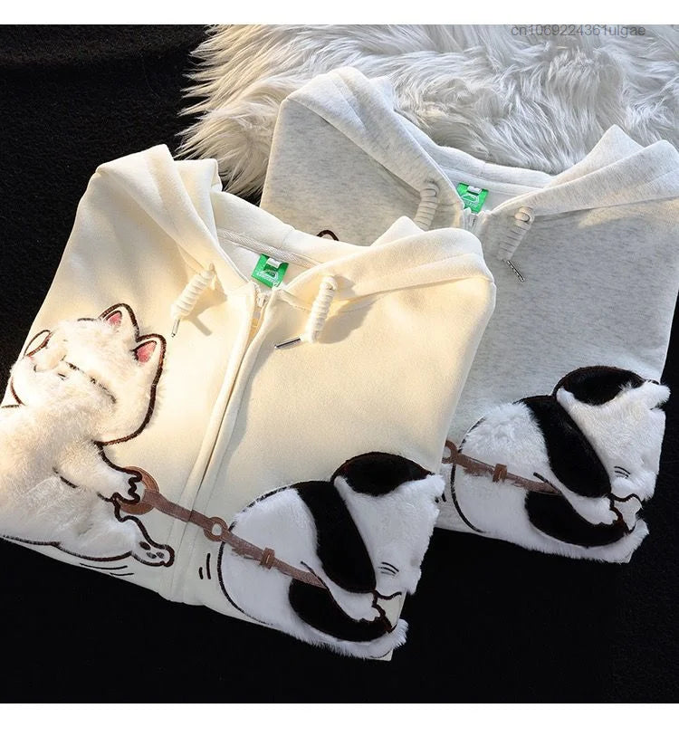 New Plush Embroidery Cartoon Cute Cat Hoodie Y2k Korean Fashion Tops Female Spring Autumn Zipper Jacket Women Cute Sweatshirts