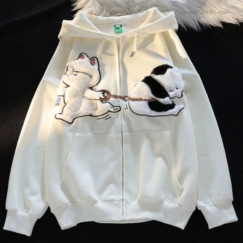 New Plush Embroidery Cartoon Cute Cat Hoodie Y2k Korean Fashion Tops Female Spring Autumn Zipper Jacket Women Cute Sweatshirts