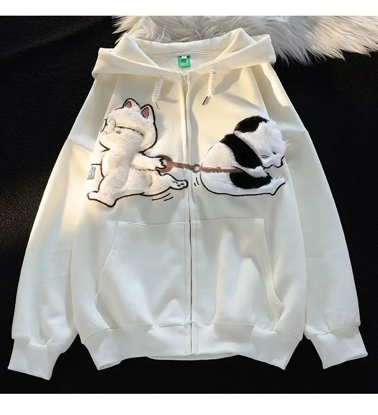 Kawaii Animal Plush Cat Embroidered Sweatshirt Zip Up Hooded Sweater For Men Women Cute Cardigan Hoodie Yk2 Harajuku Jacket Top