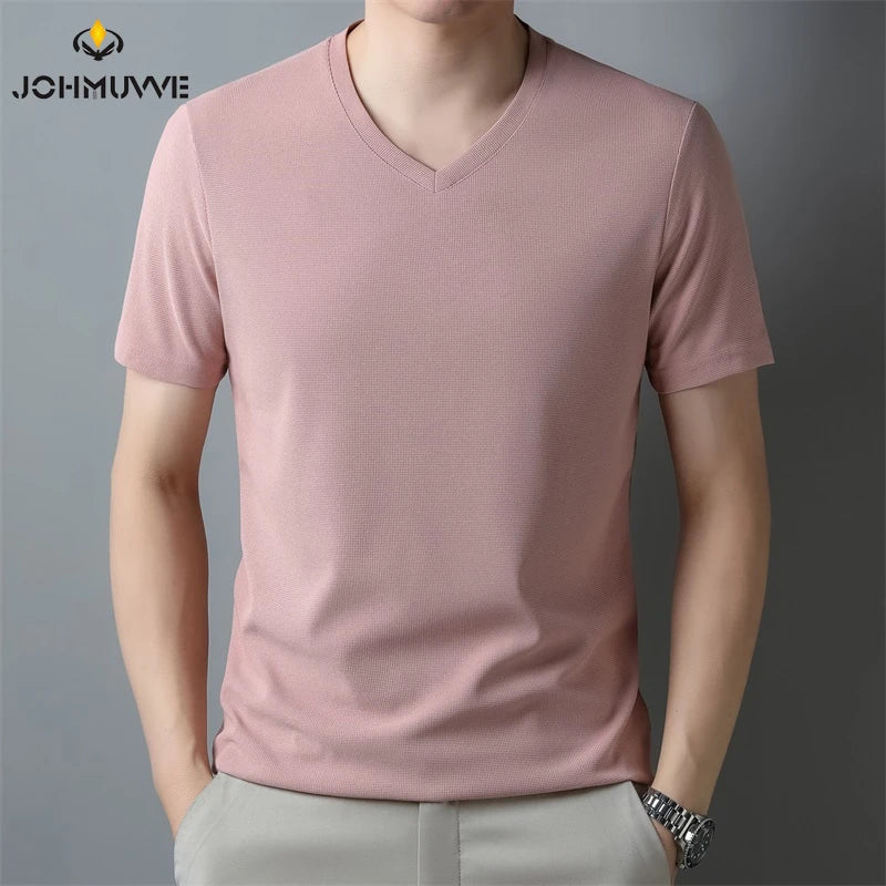 2024 Men's New Waffle V Neck Short Sleeved T-shirt Summer Comfortable Top