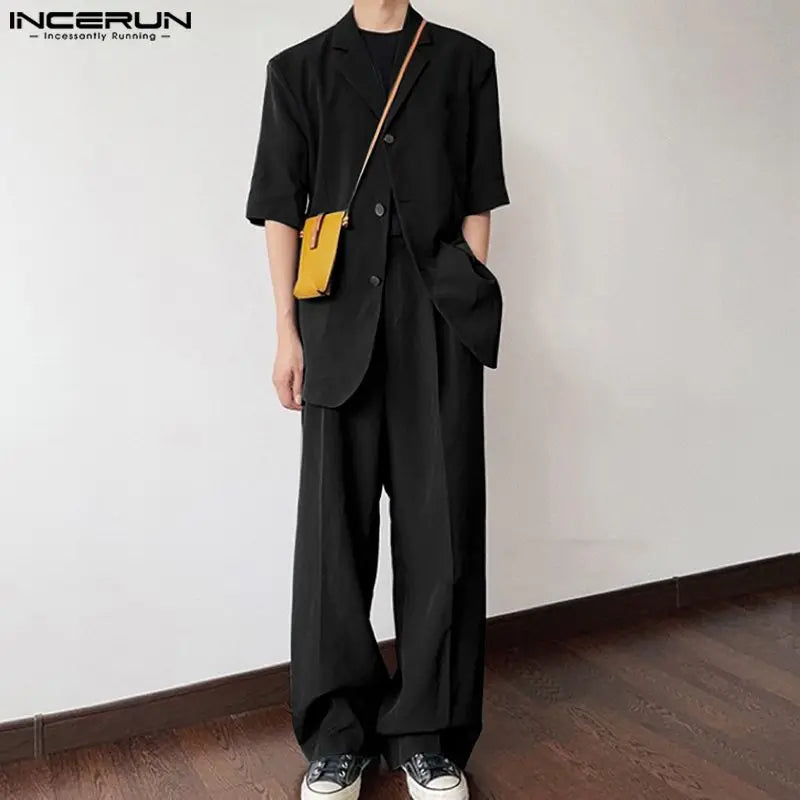 INCERUN 2024 Korean Style New Men Sets Short Sleeved Suit Jackets Long Pants Stylish Simple Male Suit Collar Suit 2 Pieces S-5XL