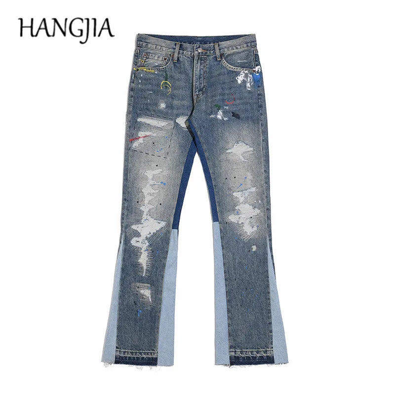 Blue Speckle ink Washed Destroyed Flared Jean Pants Hip Hop Graffiti Ripped Denim Jeans for Men Streetwear Vintage Wide Jeans