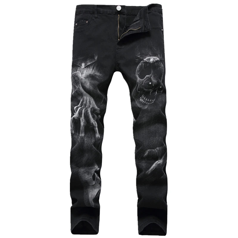 Night Club Mens 3D Printing Jeans Denim Black Wolf Pattern Printed Punk Straight Cotton Casual Print Denim Pants Plus Size 28-42