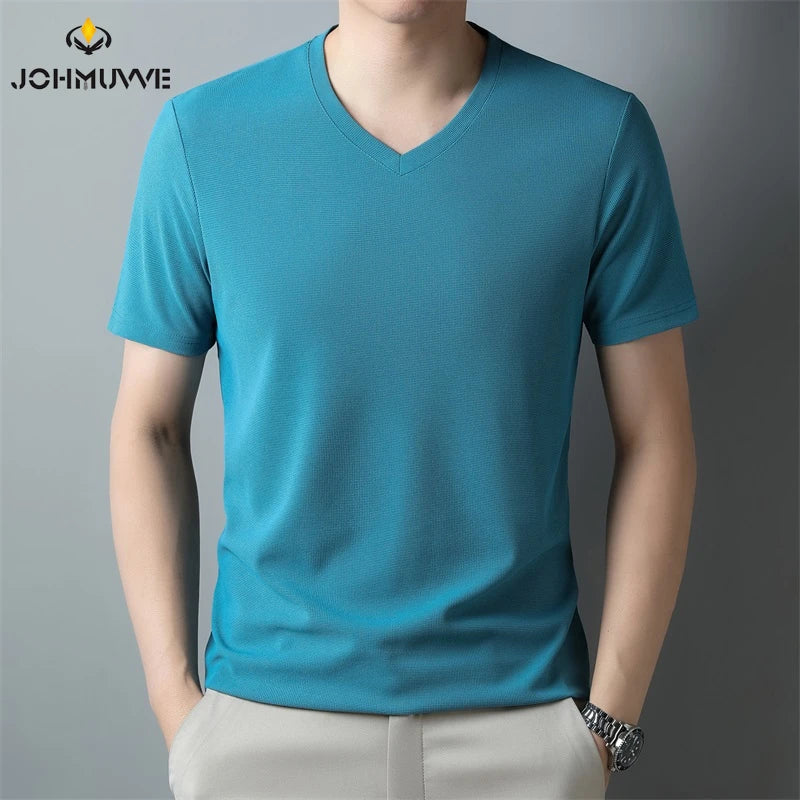 2024 Men's New Waffle V Neck Short Sleeved T-shirt Summer Comfortable Top