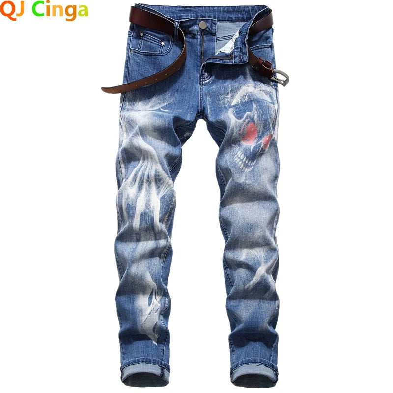 Night Club Mens 3D Printing Jeans Denim Black Wolf Pattern Printed Punk Straight Cotton Casual Print Denim Pants Plus Size 28-42