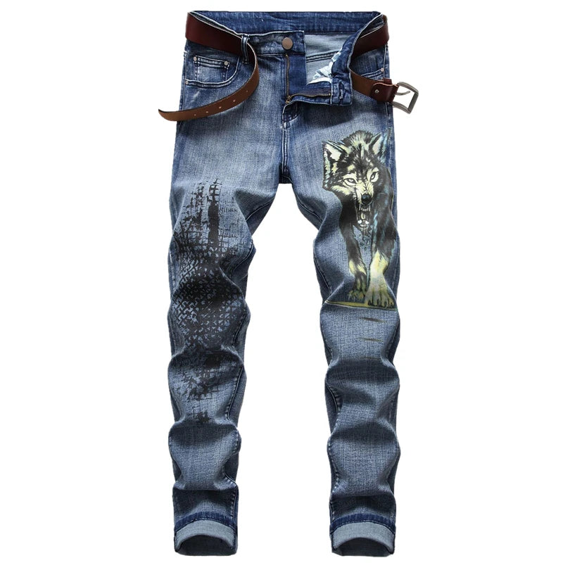 Night Club Mens 3D Printing Jeans Denim Black Wolf Pattern Printed Punk Straight Cotton Casual Print Denim Pants Plus Size 28-42