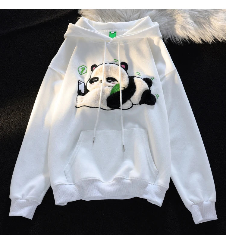 Spring Winter Panda Embroidery Pullover Cute Cartoon Cotton Loose Women Hooded Sweatshirt Couple Clothes Student Coat Hoodie