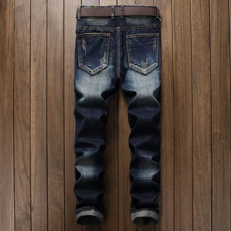 Men'S Bike Jeans Fashionable Hip Hop Straight Fit, Slim Fit, Punk Cotton Motorcycle Jeans Casual Elastic Pants