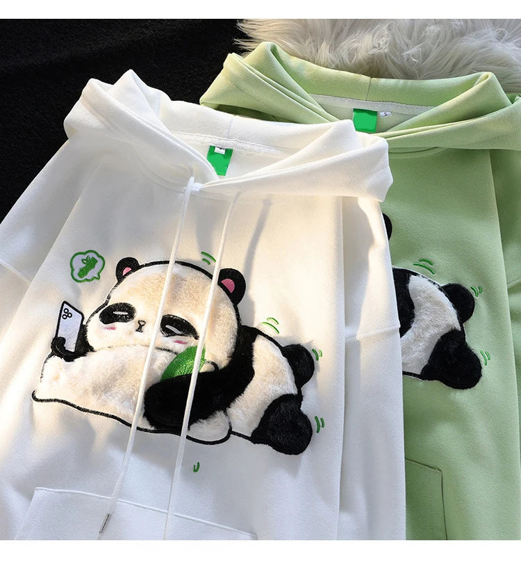 Spring Winter Panda Embroidery Pullover Cute Cartoon Cotton Loose Women Hooded Sweatshirt Couple Clothes Student Coat Hoodie