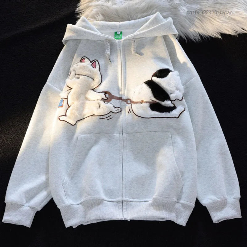 New Plush Embroidery Cartoon Cute Cat Hoodie Y2k Korean Fashion Tops Female Spring Autumn Zipper Jacket Women Cute Sweatshirts