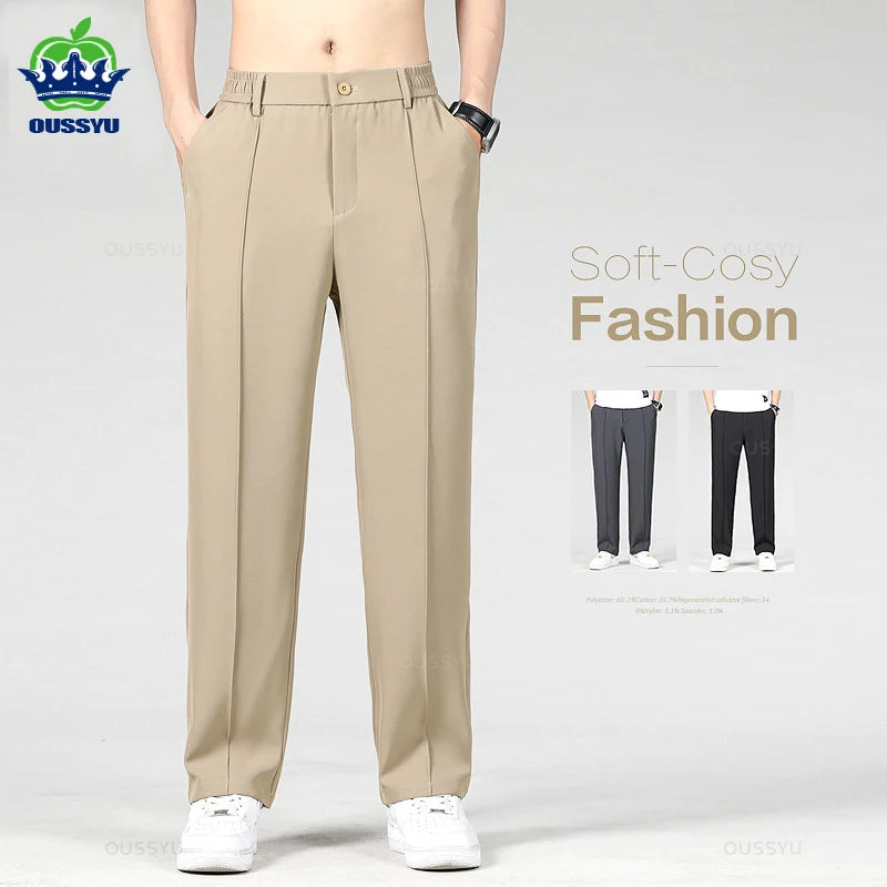 Spring Summer Men's Stretch Casual Pants Business Elastic Waist Trousers Male Khaki Loose Straight Pant Clothing Plus Size M-4XL