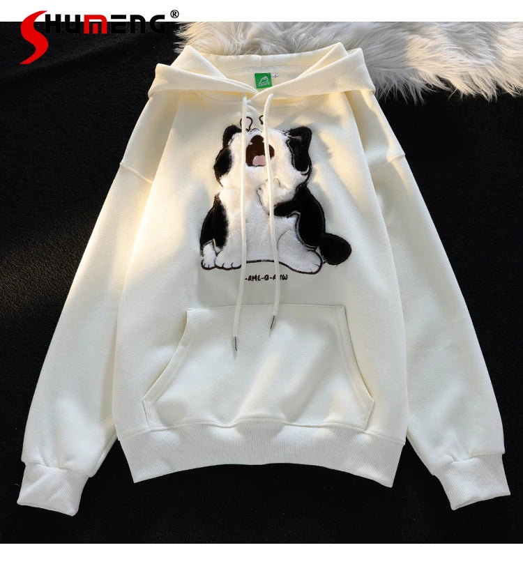 Kawaii Cute Cat Couples Sweatshirt Female 2023 Autumn and Winter Sweet Loose Long Sleeve Cotton Lining Hooded Coat for Women