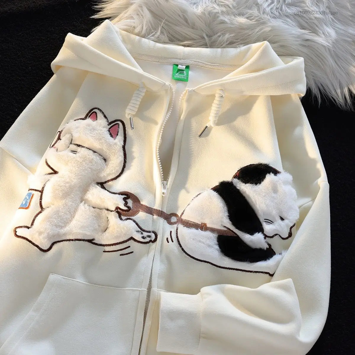 New Plush Embroidery Cartoon Cute Cat Hoodie Y2k Korean Fashion Tops Female Spring Autumn Zipper Jacket Women Cute Sweatshirts