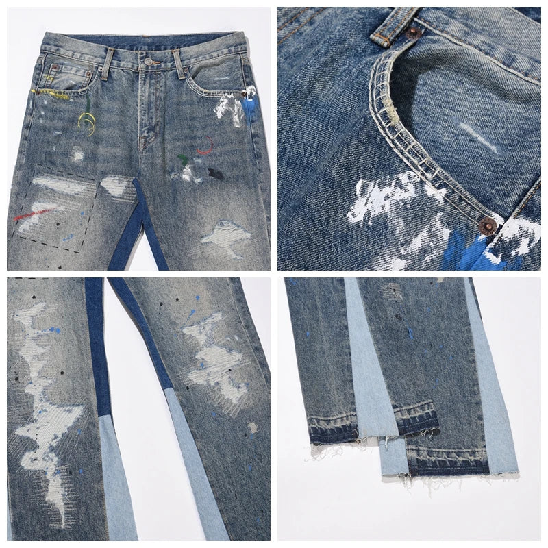 Blue Speckle ink Washed Destroyed Flared Jean Pants Hip Hop Graffiti Ripped Denim Jeans for Men Streetwear Vintage Wide Jeans