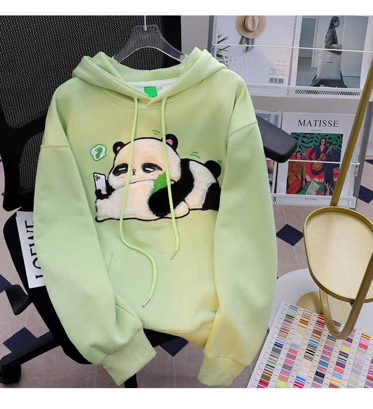 Spring Winter Panda Embroidery Pullover Cute Cartoon Cotton Loose Women Hooded Sweatshirt Couple Clothes Student Coat Hoodie