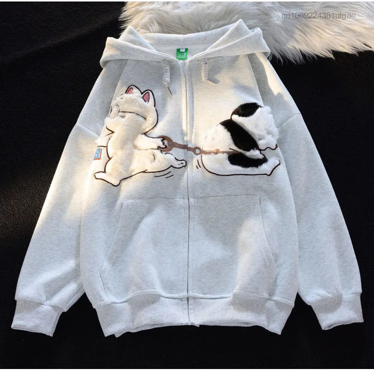 New Plush Embroidery Cartoon Cute Cat Hoodie Y2k Korean Fashion Tops Female Spring Autumn Zipper Jacket Women Cute Sweatshirts