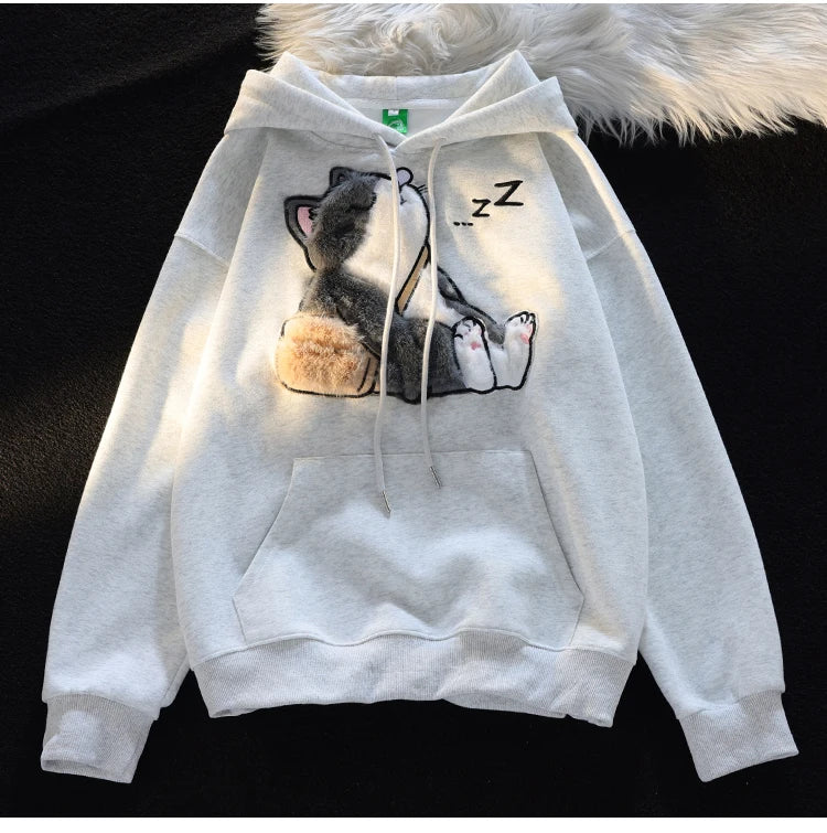 Cute Kawaii Cat Hoodies Women 2023 New Autumn Thin Women Pulovers Interesting Design Hooded Sweatshirt Woman Y2k Streetwear