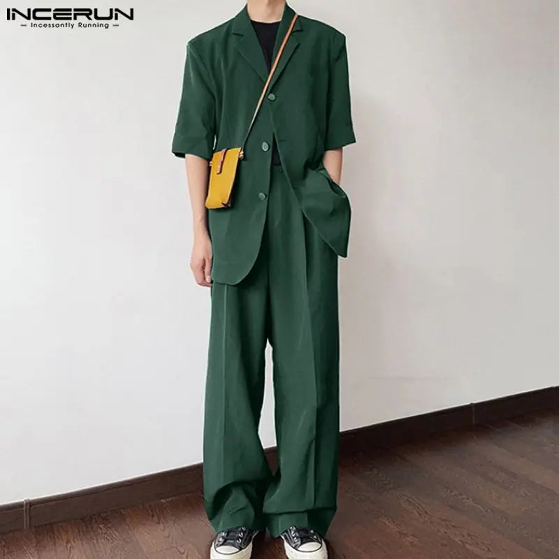 INCERUN 2024 Korean Style New Men Sets Short Sleeved Suit Jackets Long Pants Stylish Simple Male Suit Collar Suit 2 Pieces S-5XL