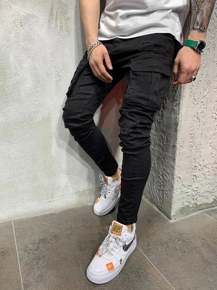 Men Wash Solid Color Multiple Pockets Holes Mid Waist Cargo Pants Trousers Slim Fit Daily Wear Joggers Street Elastic Jeans