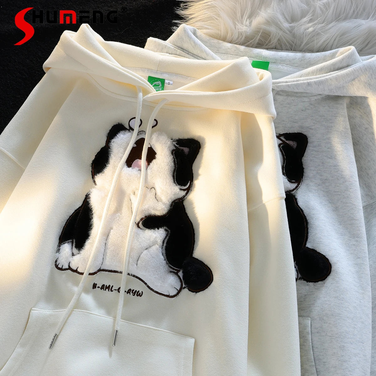 Kawaii Cute Cat Couples Sweatshirt Female 2023 Autumn and Winter Sweet Loose Long Sleeve Cotton Lining Hooded Coat for Women