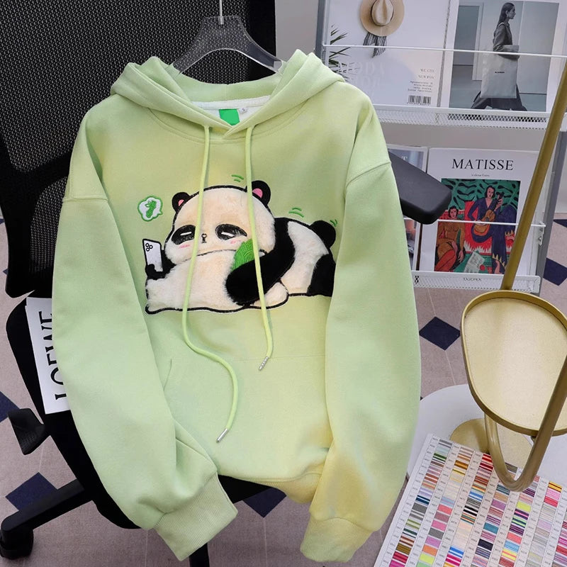 Spring Winter Panda Embroidery Pullover Cute Cartoon Cotton Loose Women Hooded Sweatshirt Couple Clothes Student Coat Hoodie