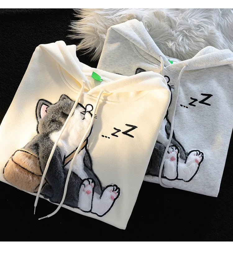 Cute Kawaii Cat Hoodies Women 2023 New Autumn Thin Women Pulovers Interesting Design Hooded Sweatshirt Woman Y2k Streetwear