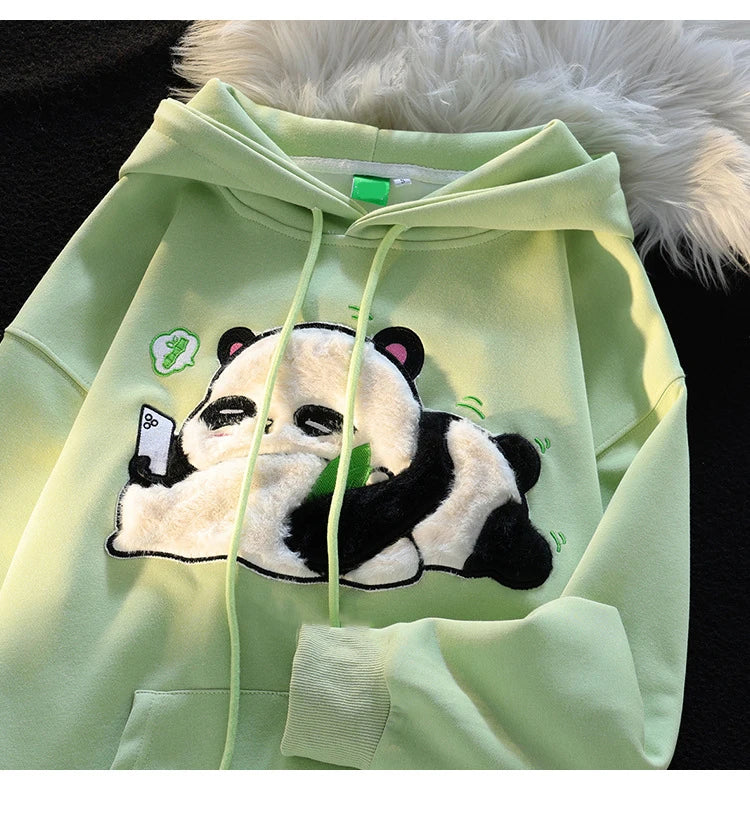 Spring Winter Panda Embroidery Pullover Cute Cartoon Cotton Loose Women Hooded Sweatshirt Couple Clothes Student Coat Hoodie