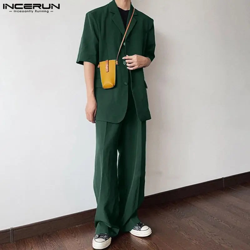 INCERUN 2024 Korean Style New Men Sets Short Sleeved Suit Jackets Long Pants Stylish Simple Male Suit Collar Suit 2 Pieces S-5XL