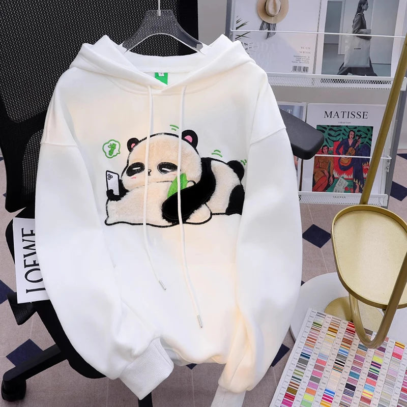 Spring Winter Panda Embroidery Pullover Cute Cartoon Cotton Loose Women Hooded Sweatshirt Couple Clothes Student Coat Hoodie