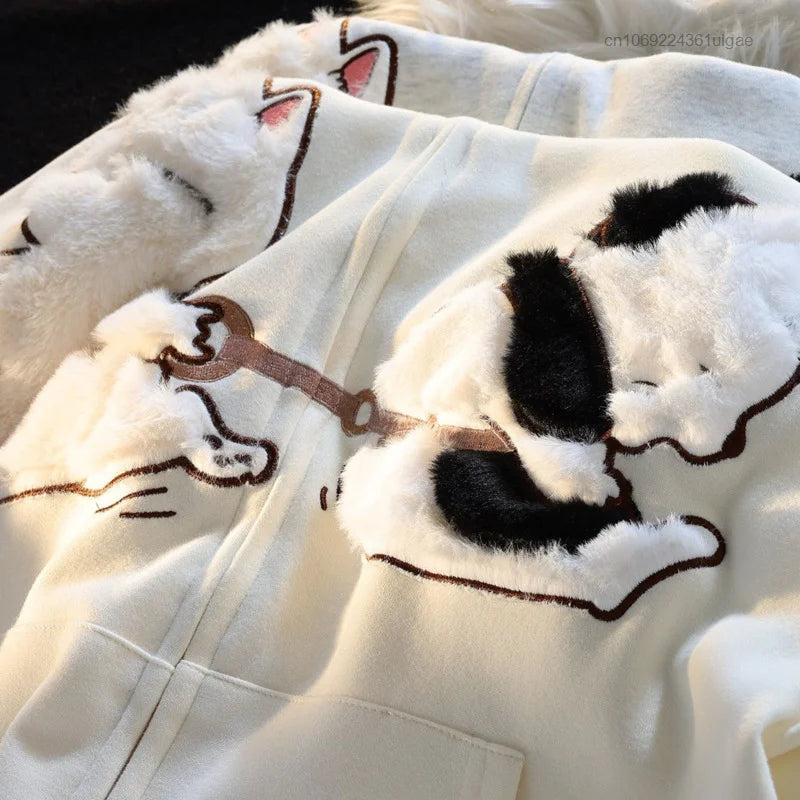 New Plush Embroidery Cartoon Cute Cat Hoodie Y2k Korean Fashion Tops Female Spring Autumn Zipper Jacket Women Cute Sweatshirts