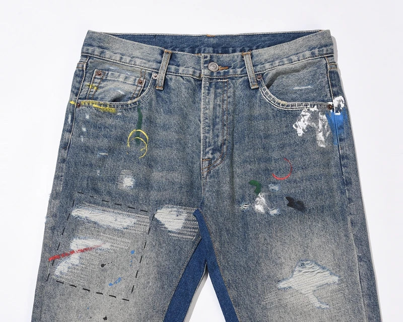 Blue Speckle ink Washed Destroyed Flared Jean Pants Hip Hop Graffiti Ripped Denim Jeans for Men Streetwear Vintage Wide Jeans