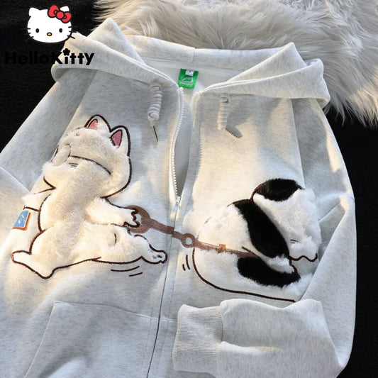 New Plush Embroidery Cartoon Cute Cat Hoodie Y2k Korean Fashion Tops Female Spring Autumn Zipper Jacket Women Cute Sweatshirts