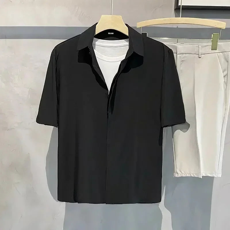 Summer Men's Anti-wrinkle Solid Color Short-sleeved Shirt Office Casual Loose Button Pocket Fashion Shirt Men's Clothing Tops