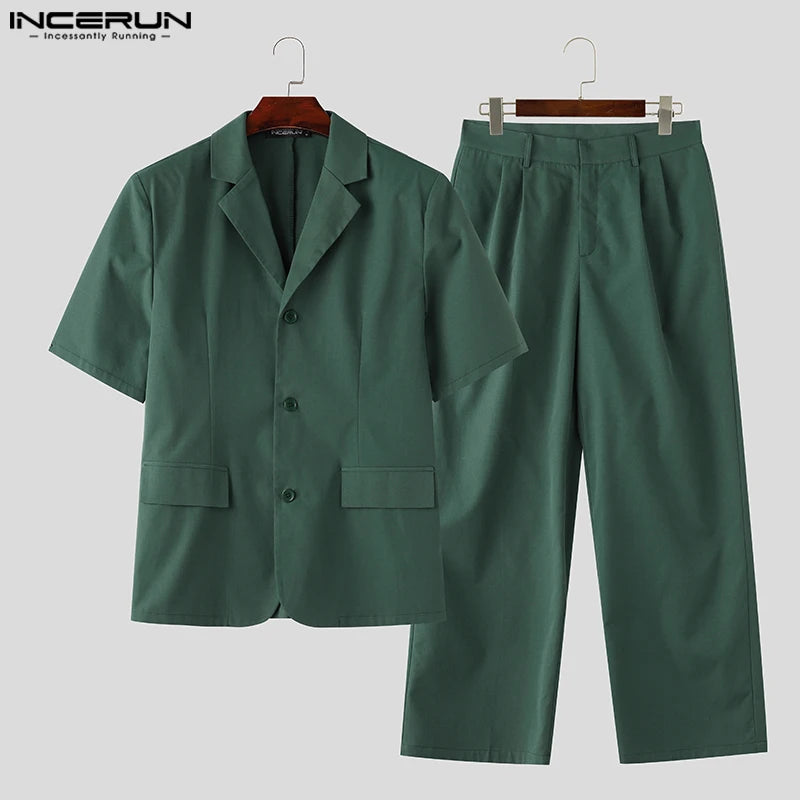 INCERUN 2024 Korean Style New Men Sets Short Sleeved Suit Jackets Long Pants Stylish Simple Male Suit Collar Suit 2 Pieces S-5XL