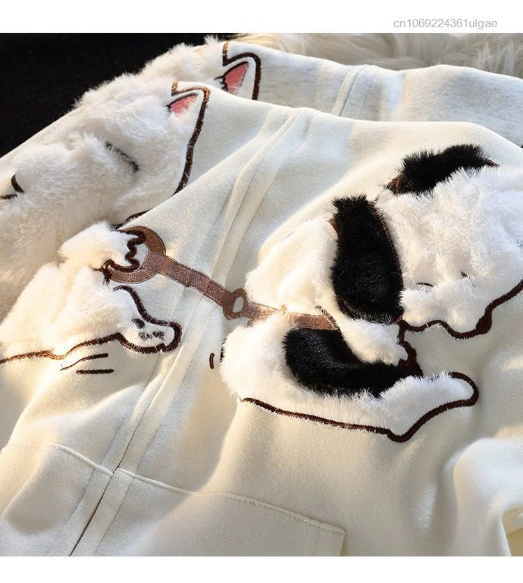 New Plush Embroidery Cartoon Cute Cat Hoodie Y2k Korean Fashion Tops Female Spring Autumn Zipper Jacket Women Cute Sweatshirts