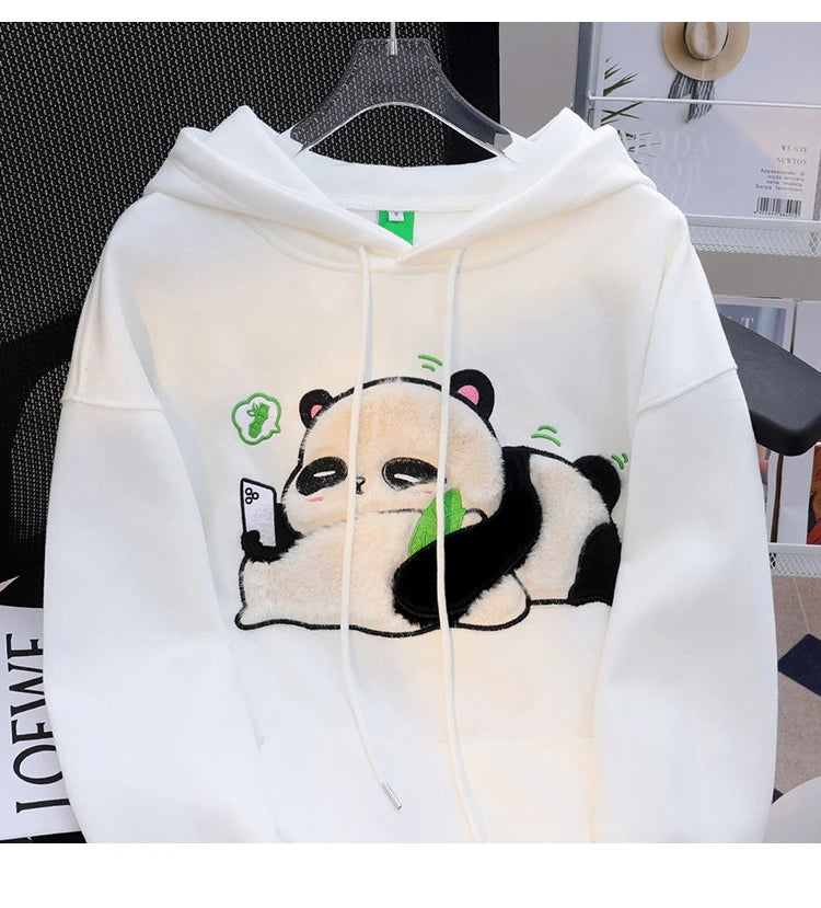 Spring Winter Panda Embroidery Pullover Cute Cartoon Cotton Loose Women Hooded Sweatshirt Couple Clothes Student Coat Hoodie