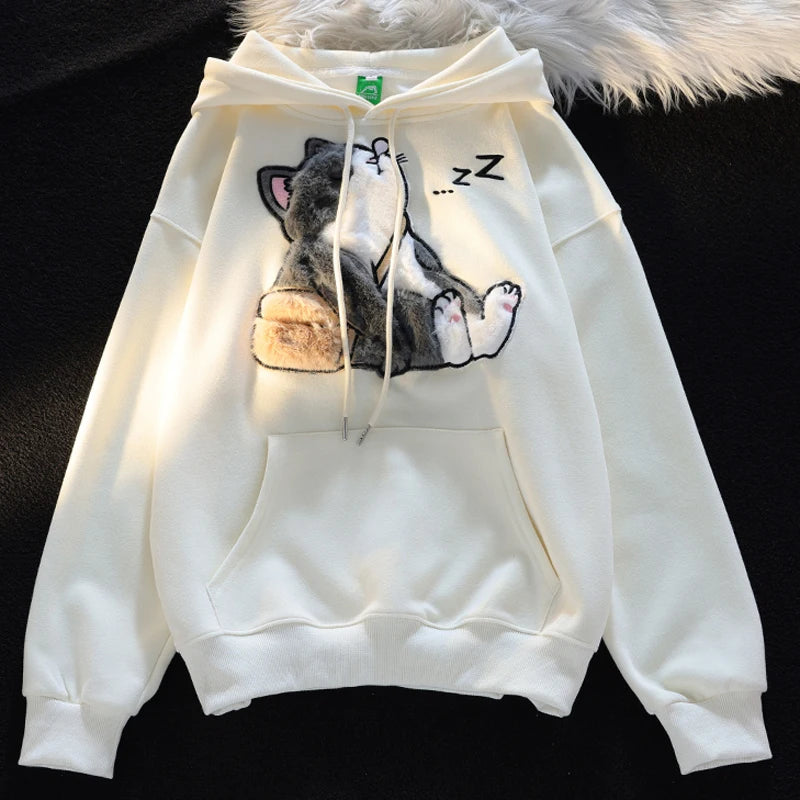 Cute Kawaii Cat Hoodies Women 2023 New Autumn Thin Women Pulovers Interesting Design Hooded Sweatshirt Woman Y2k Streetwear