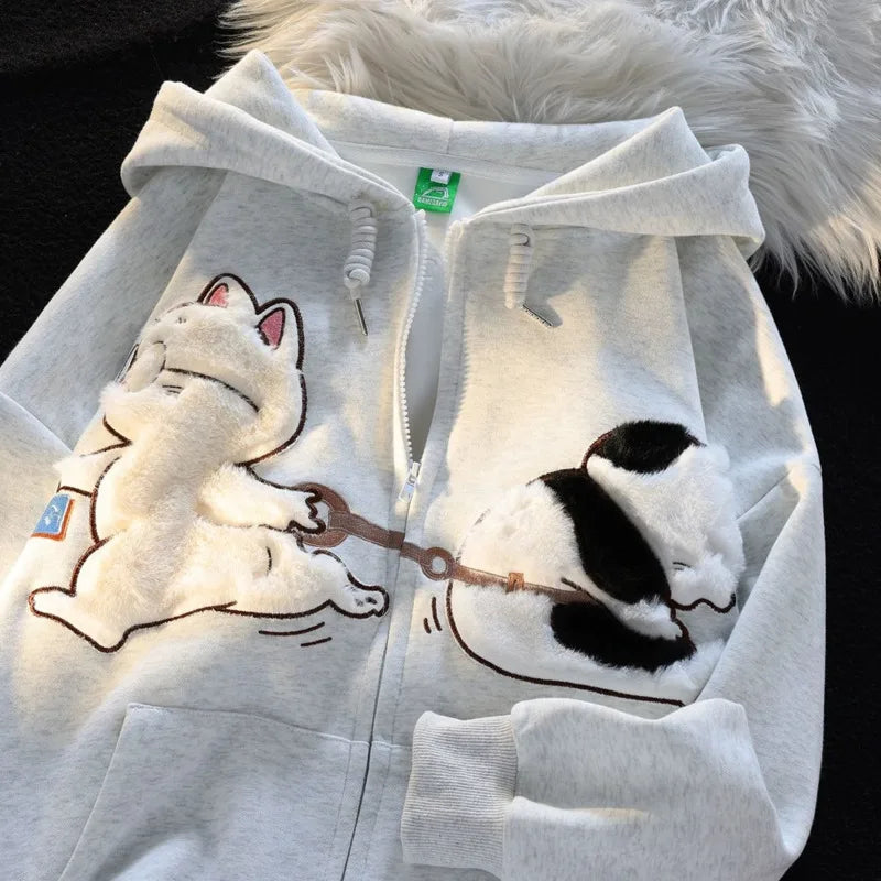 Kawaii Animal Plush Cat Embroidered Sweatshirt Zip Up Hooded Sweater For Men Women Cute Cardigan Hoodie Yk2 Harajuku Jacket Top