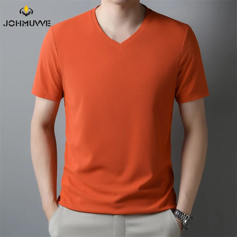 2024 Men's New Waffle V Neck Short Sleeved T-shirt Summer Comfortable Top