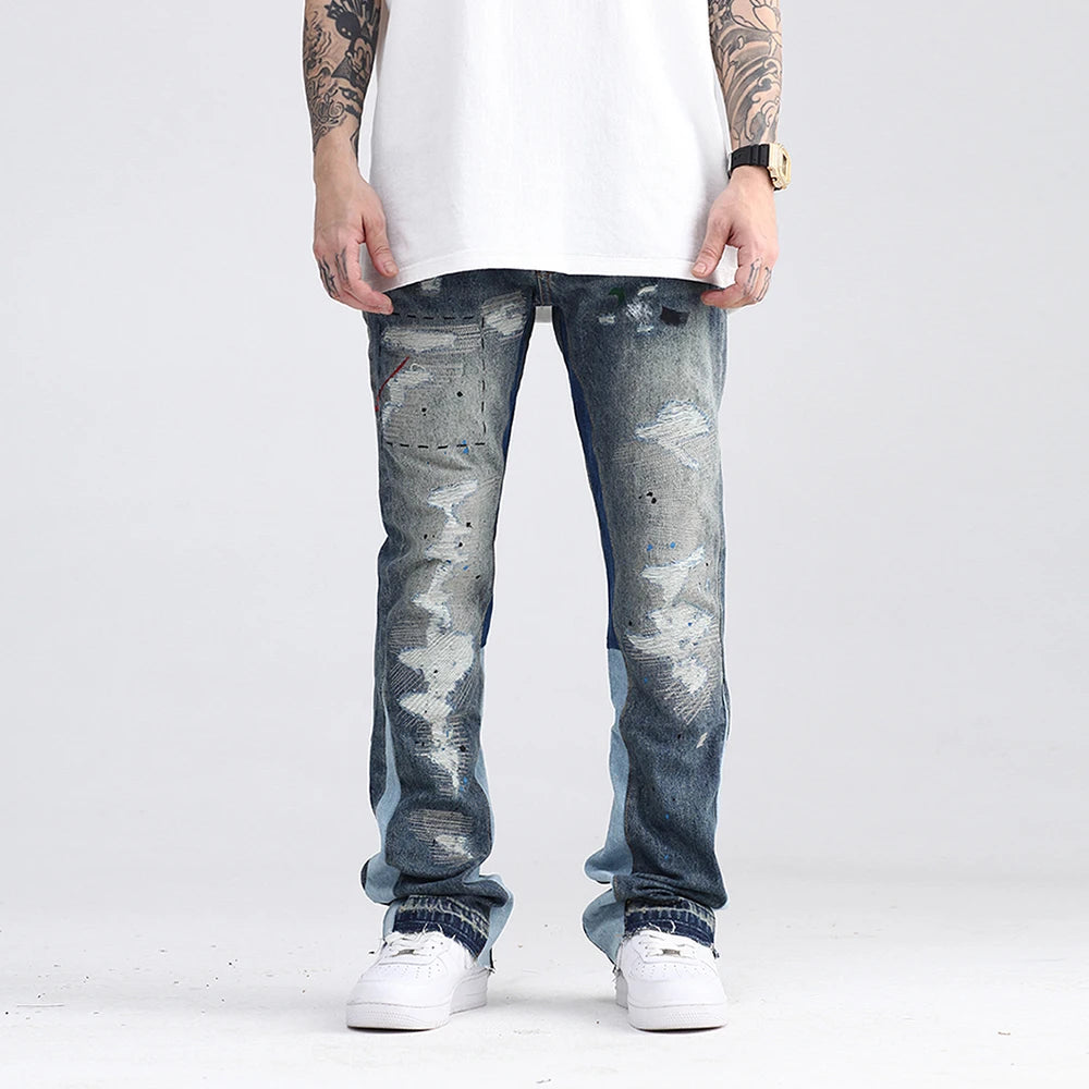 Blue Speckle ink Washed Destroyed Flared Jean Pants Hip Hop Graffiti Ripped Denim Jeans for Men Streetwear Vintage Wide Jeans