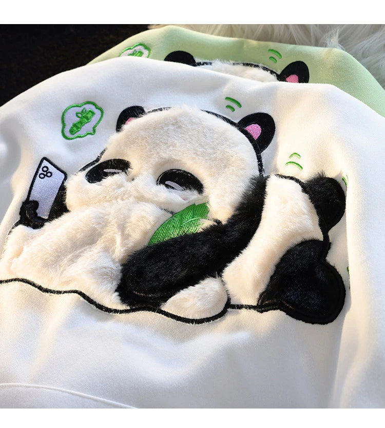 Spring Winter Panda Embroidery Pullover Cute Cartoon Cotton Loose Women Hooded Sweatshirt Couple Clothes Student Coat Hoodie