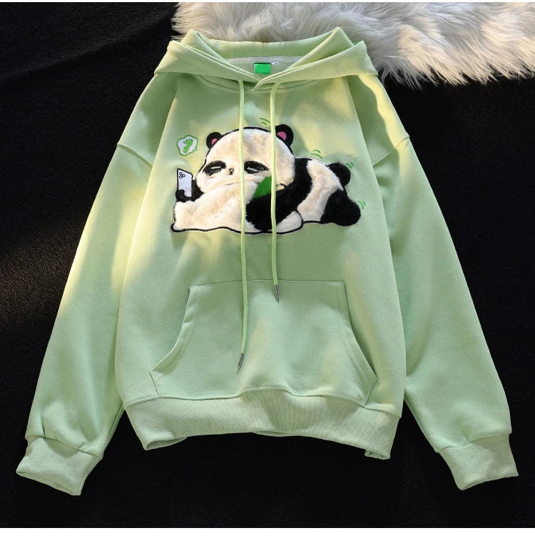 Spring Winter Panda Embroidery Pullover Cute Cartoon Cotton Loose Women Hooded Sweatshirt Couple Clothes Student Coat Hoodie