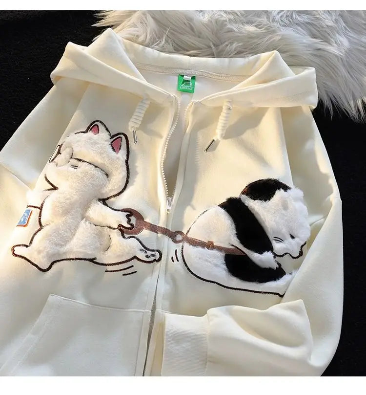 Kawaii Animal Plush Cat Embroidered Sweatshirt Zip Up Hooded Sweater For Men Women Cute Cardigan Hoodie Yk2 Harajuku Jacket Top